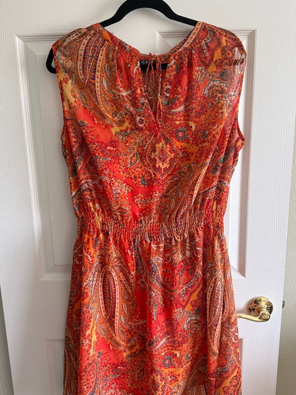 Lauren Ralph Lauren Red-Orange Paisley Sleeveless Midi Dress